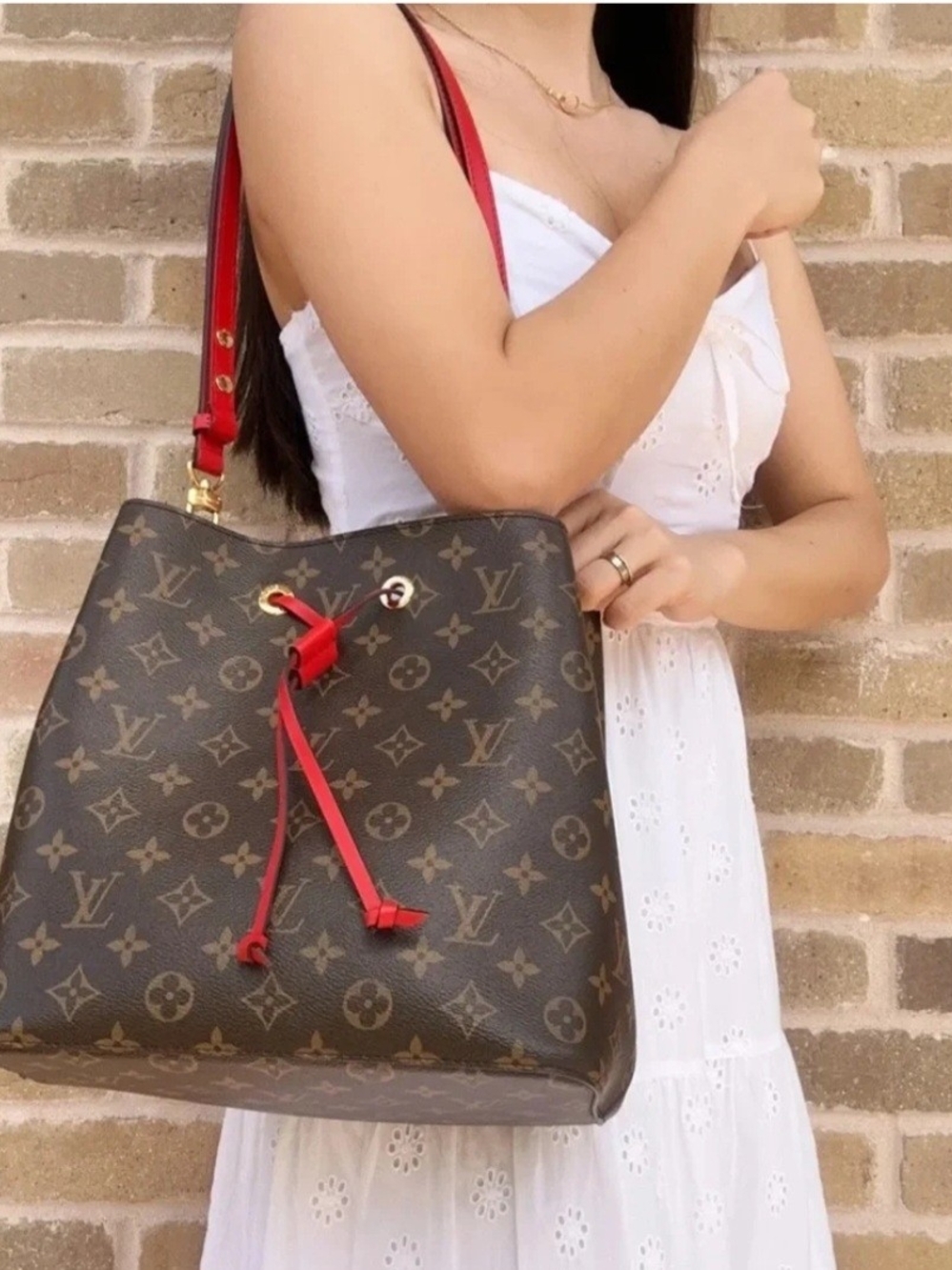 L.V Inspired Brown Monogram Bucket Bag with Red Trim
